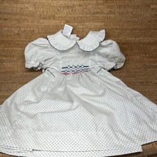Polly Flinders Girls 5 White With Blue Polka Dot Smocked Dress Ruffles Lace