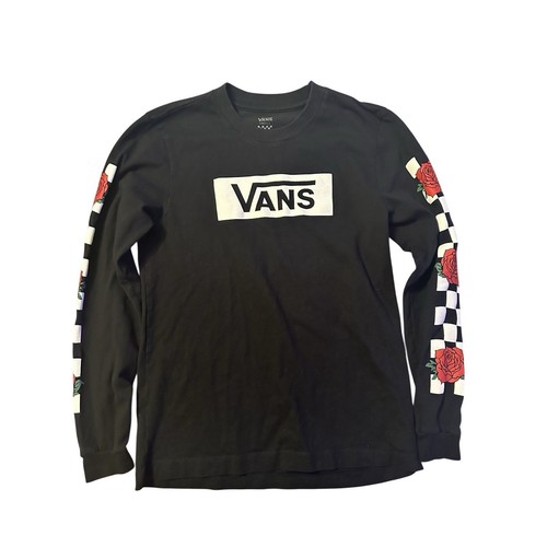 Vans, Vans Rose Checkerboard Long Sleeve Graphic Shirt Small Black Streetwear Grunge