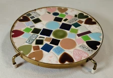Vintage Mosaic Mid-Century Modern Tile Trivet Hot Plate with Metal Footed 6" D