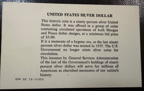 ONE (1) Generic COA for GSA Dollars "$3 Morgan / Peace"-NO COIN, NO BOX  (#984)