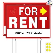 For Rent Sign 2 Pack 17 x 13 in Plastic Double Sided With Tall Metal Stakes