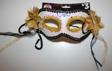 Venetian Masquerade Eye Mask Gold Glitter Floral Ribbon Black Trim Party Costume