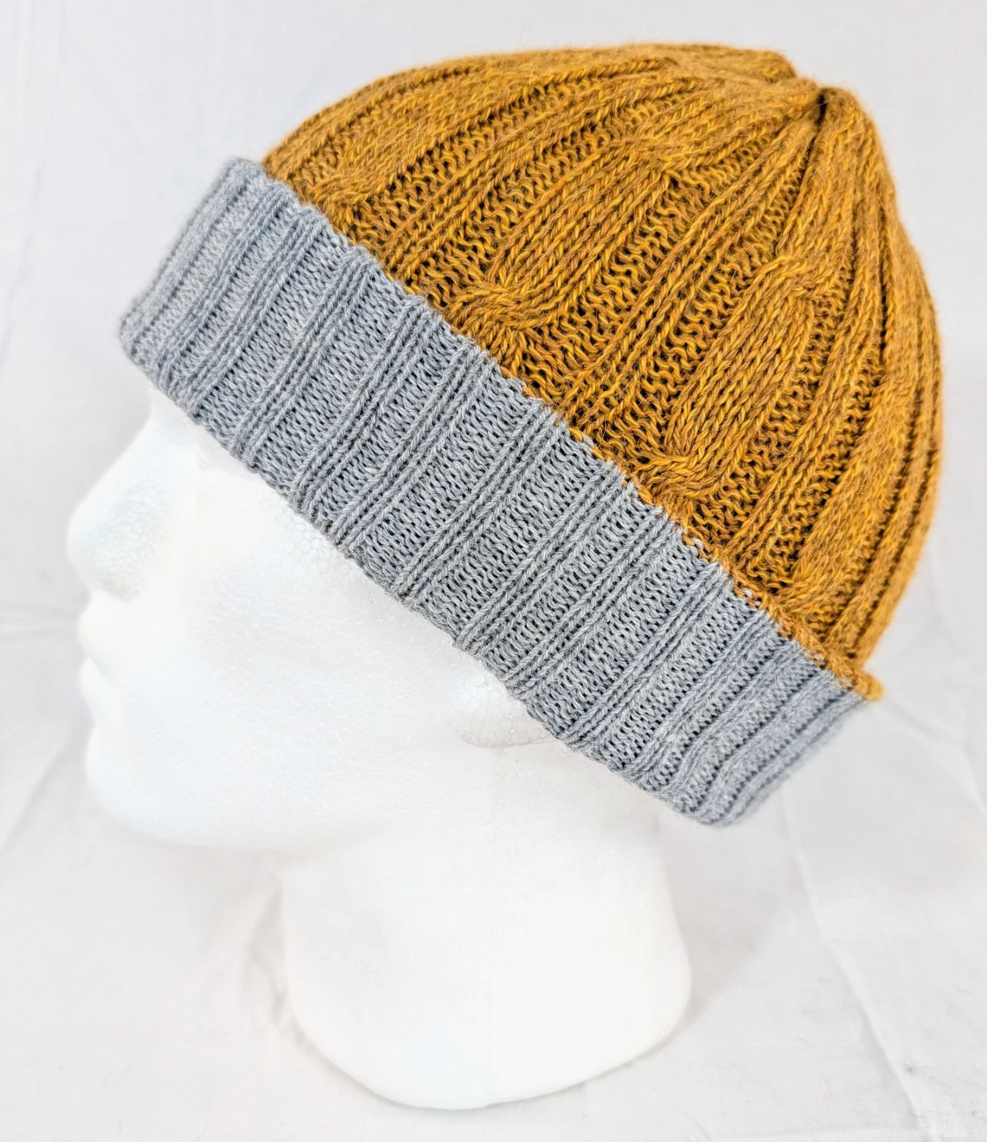 Extra Soft Baby Alpaca Reversible Cable Knit Beanie Yellow Gray Handmade Unisex