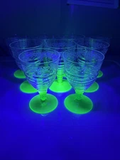 Vintage Set Of 9 URANIUM GREEN STEM Etched Water Wine Iced Tea Glasses Barware
