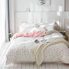 Comforter Set Size, 3pc White Farmhouse Flowers Leaves Queen Pink Floral