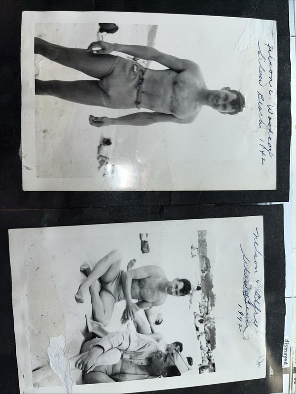 4 Photos 1942 Silver Beach Fun Friends Shirtless Hunk Leaning Left! From Album