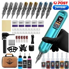 TUFFKING Tattoo Machine Kit Wireless Pen Color Inks Needle Mixer Sticks Box Set