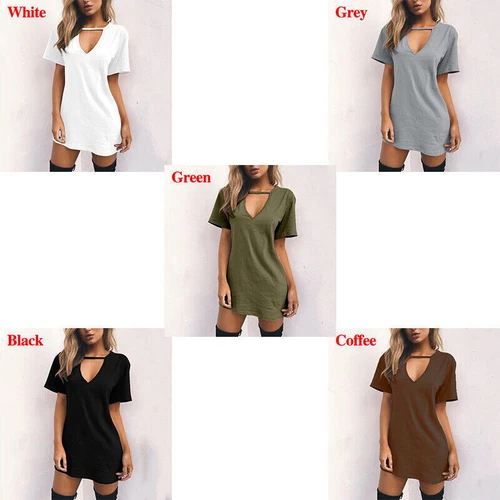 Damen T-Shirt Kleid V-Ausschnitt Sommerkleid Kurzarm Boho Strand Sommerkleid - Bild 9 von 49