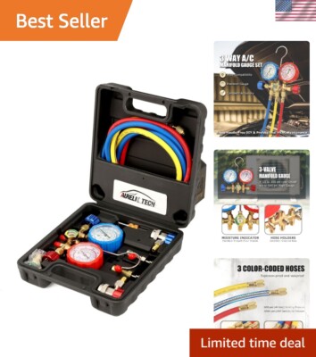 3 Way AC Manifold Gauge Set for R134A, R12, R22 with 5FT Hose & Quick Couplers