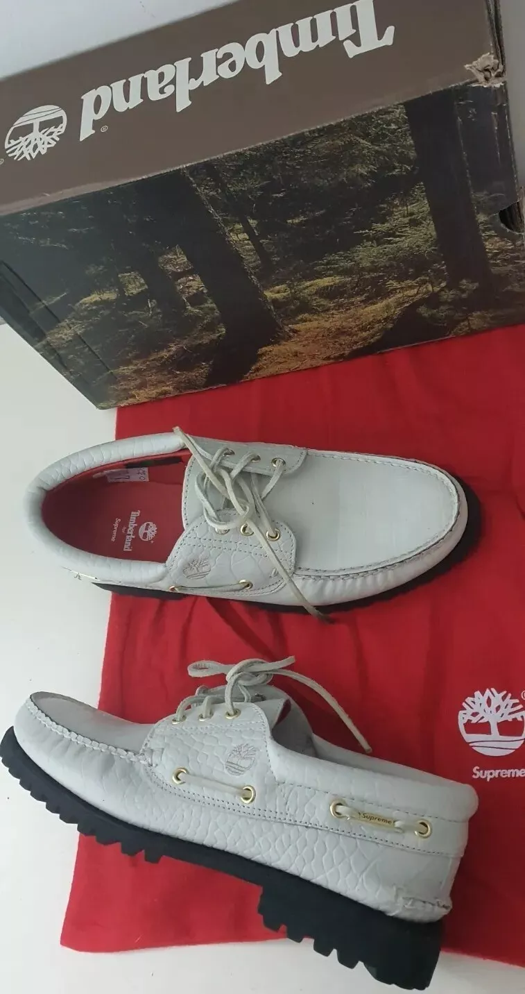 FW16 Supreme Timberland 3 Eye Boat Croc Shoes US 45 UK 10.5 Leather White