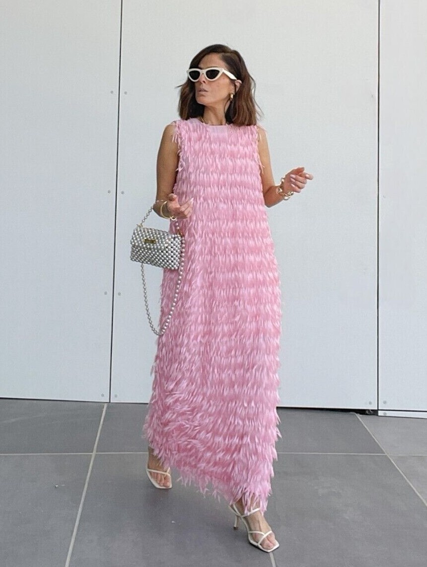 Midi Dress Pink Dress With Fringe Pink Fringe Dress Women's Mini