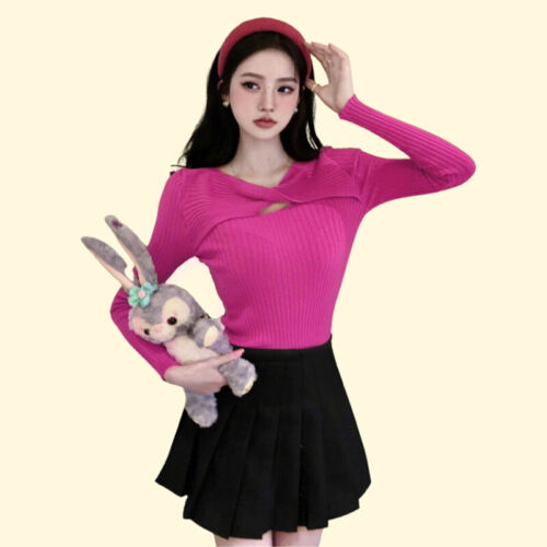 Autumn Korean Women Solid Round Neck Long Sleeve Chic Hollow Slim Knit Sweater - Imagen 1 de 13