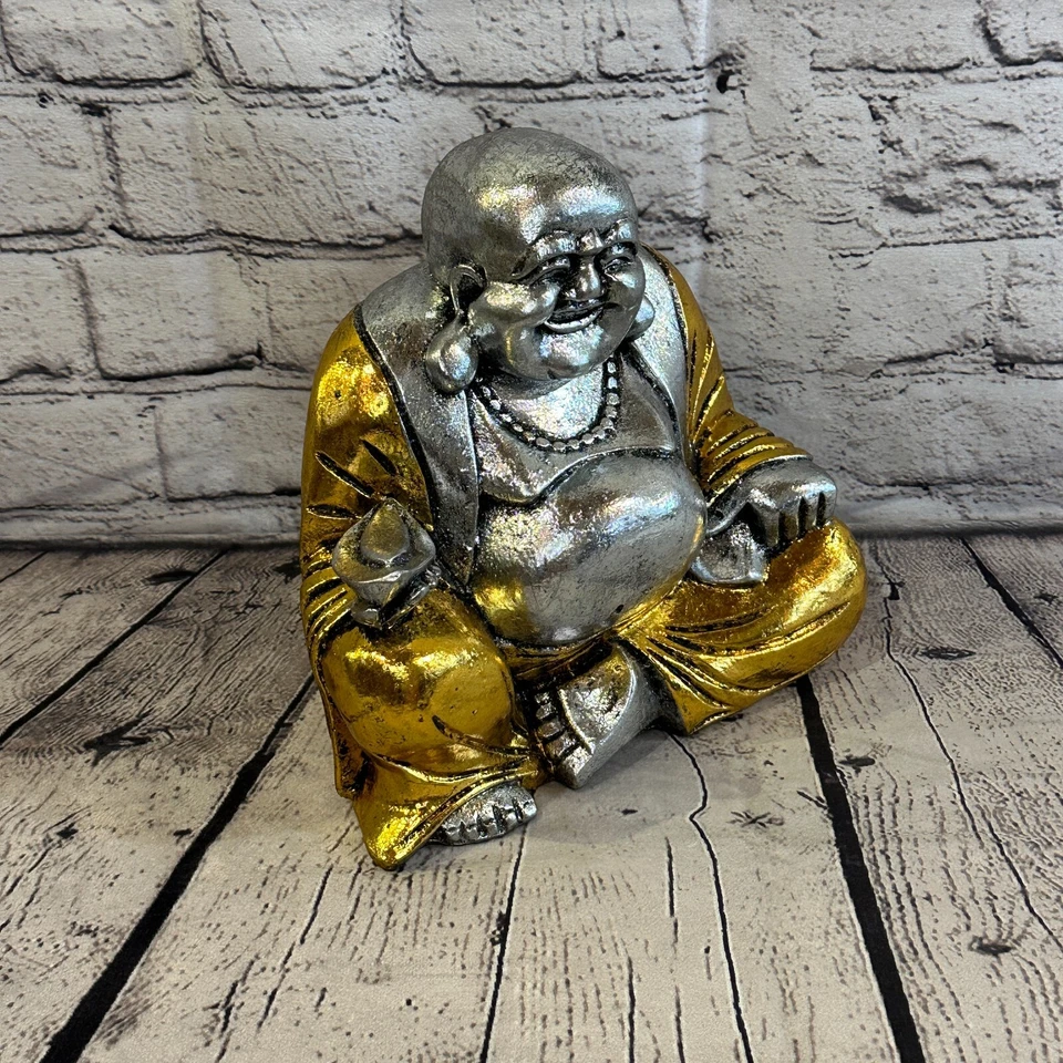 Plata y Oro 20cm x 20cm Grande Buda Chino Sentado Sobre Loto Estatua Resina Foto 3 de 4