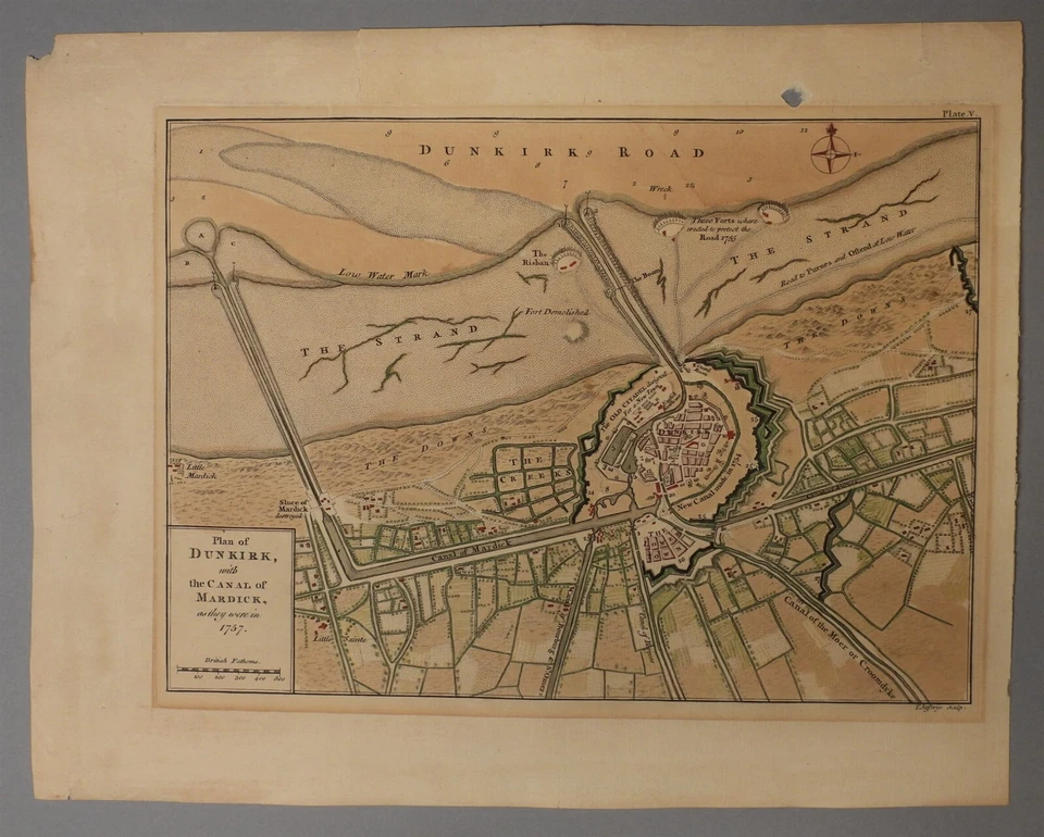 Mapa Plano de Dunkerque de Thomas Jefferys 1757 con Canal de Mardick de la antigua ciudadela Foto 2 de 4