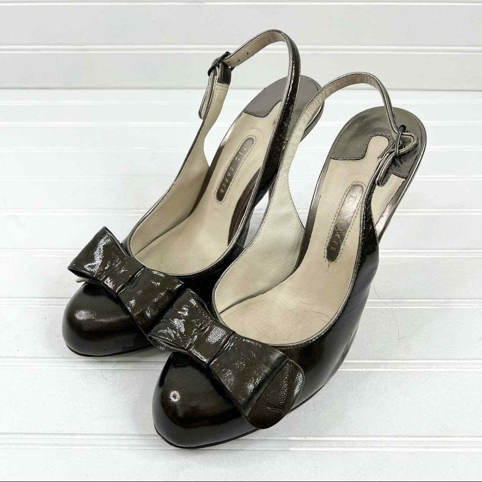 Shiny Leather Bow Slingback Heels 