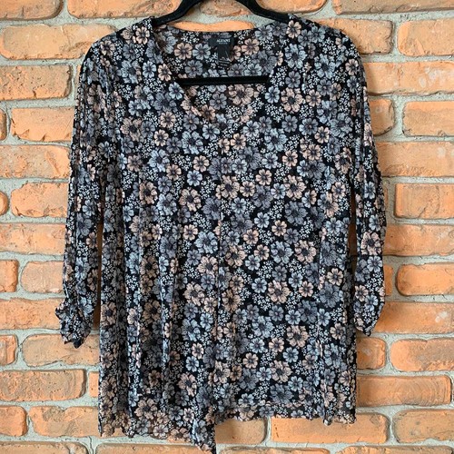Alfani Women's Floral Print Mesh V-Neck 3/4 Sleeve Blouse Black - Size L Petite