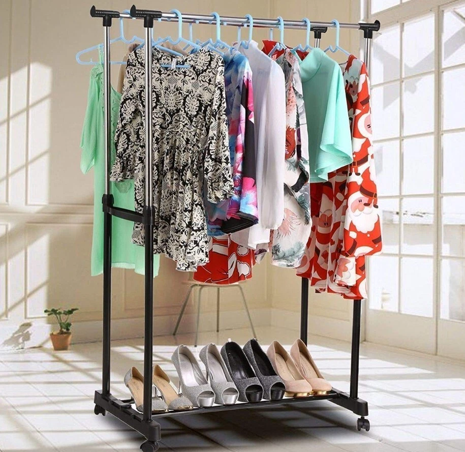 APPENDIABITI  STENDER DOPPIO CON RUOTE ATTACCAPANNI SALVASPAZIO REGOLABILE - Immagine 3 di 4