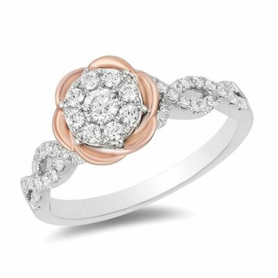 1/2 CT White Round CZ Rose Gold Plated Rose Flower Engagement Ring In 925 Silver