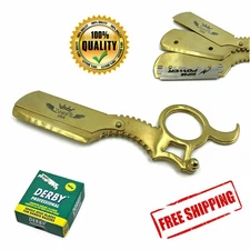 SMART CUT THROAT STAINLESS STEEL BARBER RAZOR BLADE HOLDER + 100 BLADES GOLD