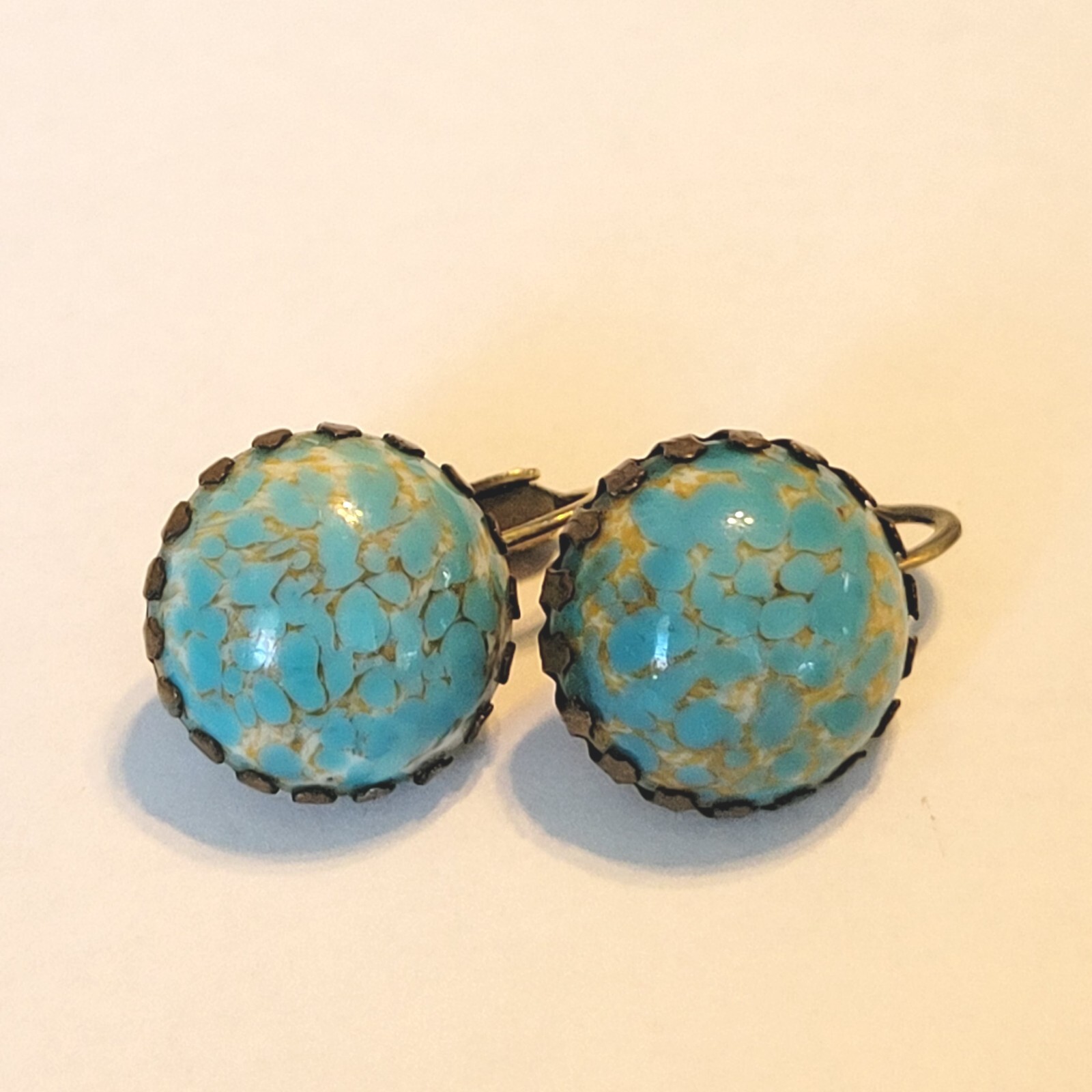 Vintage Brass Faux Turquoise Clip On Earrings Gem