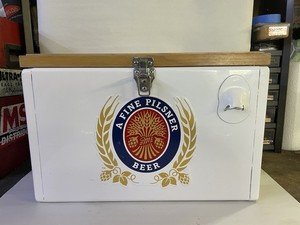 RETRO MILLER LITE BEER CHEST COOLER WOOD TOP METAL SIDES, SS INTERIOR Used