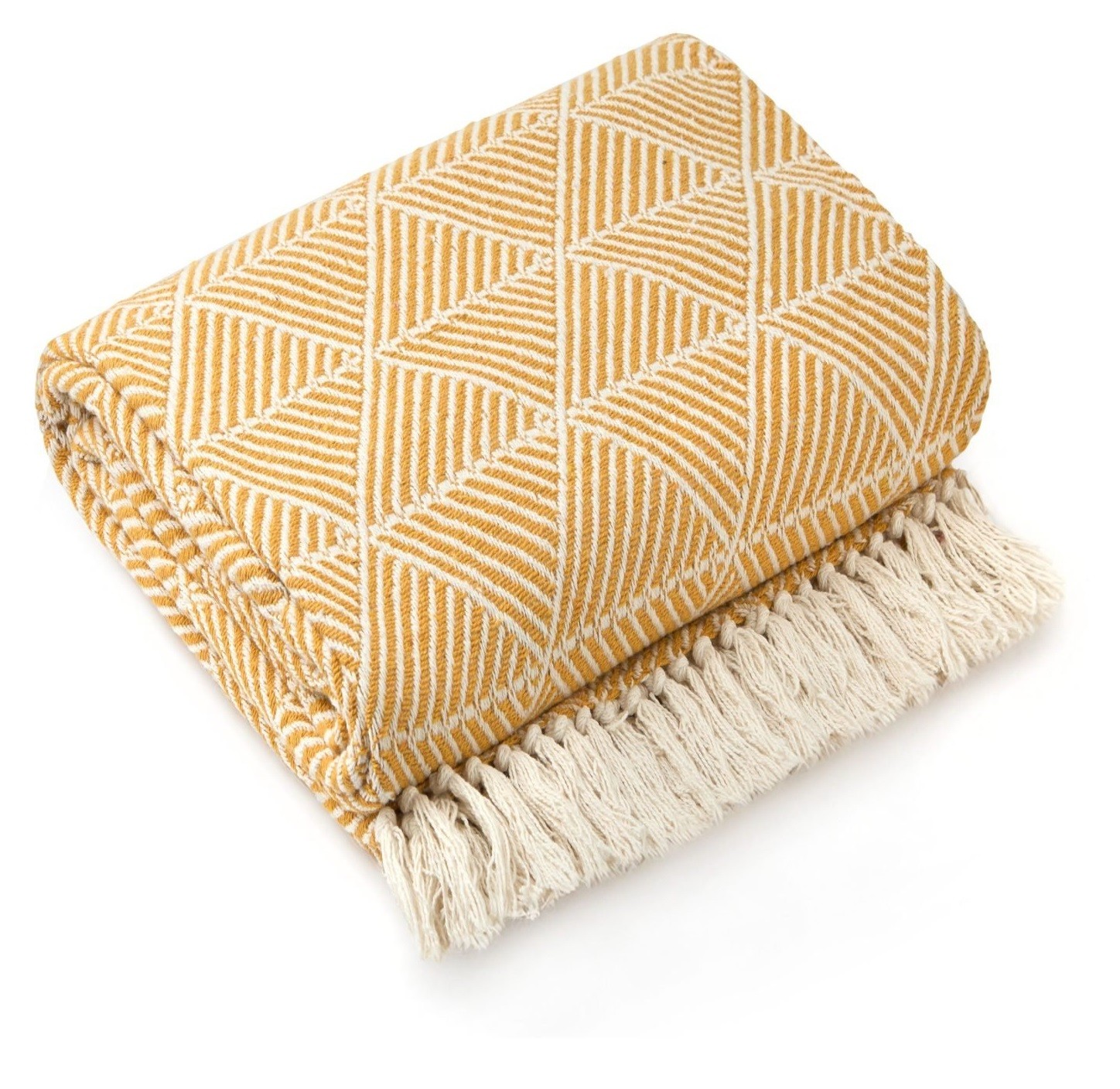 100% Cotton Throw Ochre Yellow Luxury Fringe Geo Tassel Sofa Bed Chair Blanket