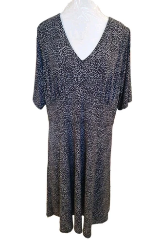 Abito nuovo senza etichette MICHAEL KORS marrone stampa animalier scollo a V manica corta aderente e svasato 1X