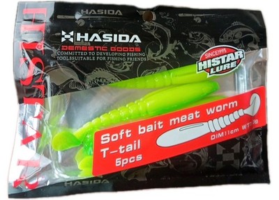 Histarköder Hasida Soft Bait Meet Worm T-Tail 11cm 7,3g Signalgrün 5er Pack Neu