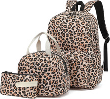 Leopard School Backpack for Girls, 3Pcs Waterproof Lightweight Kids Student Back