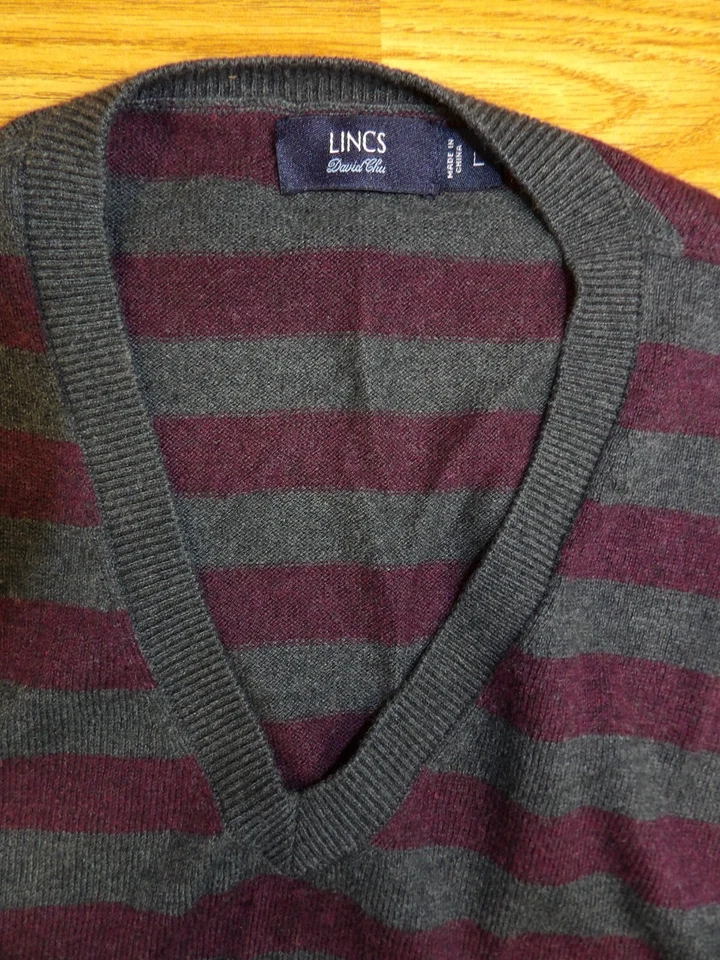Lincs David Chu Size L Sweater Vest Cotton & Cashmere Burgundy Gray stripe - Image 3 of 4