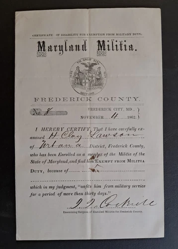 Civil War Document Rare Maryland Militia Exemption Frederick Co: H Clay Lawson