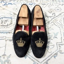 VTG Dunhill Black Velvet Shoes Loafers Slippers Gold Crown Bullion England Made