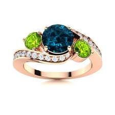 London Blue Topaz  Peridot 5MM Round 925 Silver Rose Plated Three Stone Ring