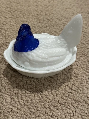 Fenton Hen On A Basket Nest Milk Glass With Cobalt Blue Head