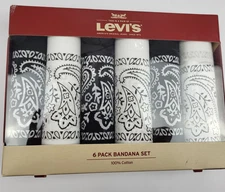 Levi's 6 Pack Bandana Set All Cotton White Black Paisley Handkerchiefs Gift Pack