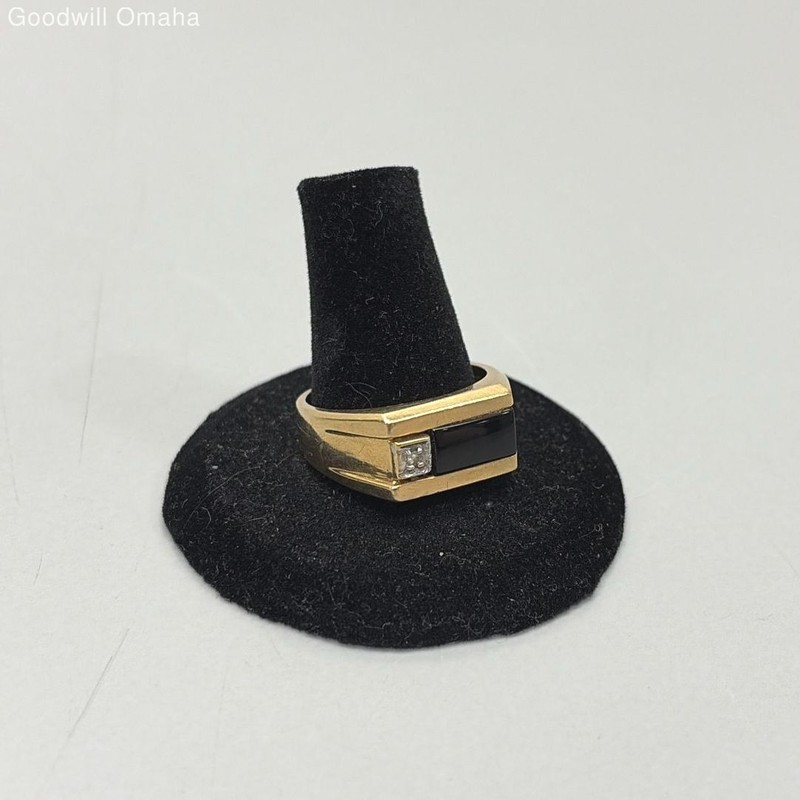 VTG 14KT Yellow Gold Diamond & Black Gemstone Men's Ring (Sz 9.5) 7.5g - Tested