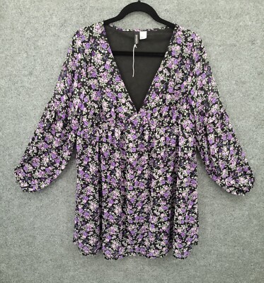 Divided Mini Dress Tunic Womens Medium Long Sleeve Lined V-Neck Purple Floral