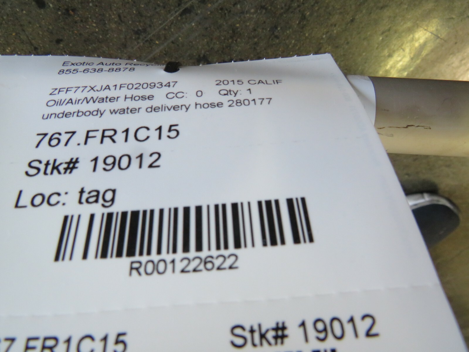 Ferrari California, Underbody Water Delivery Hose, Used, P/N 280177