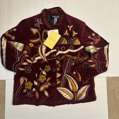 Embroidered Velvet Jacket Burgundy Floral NWT Indigo Moon Boho Shoulder Pads