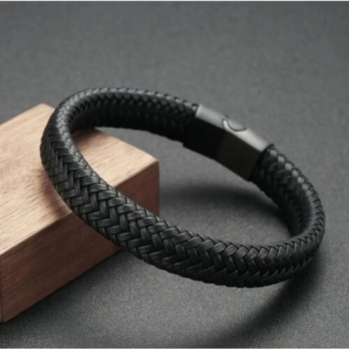 Classic Black Leather Bracelet For Men Hand Jewelry Gift Handsome Bracelet - Picture 2 of 12
