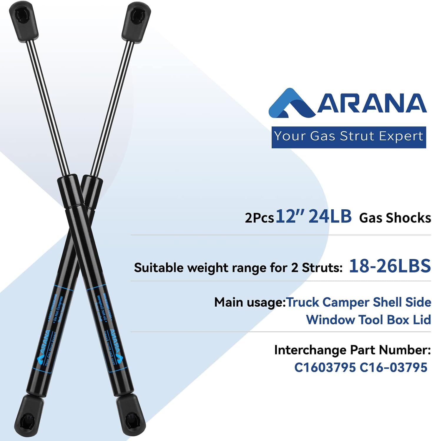 C16-03795 12 24Lbs/107N Gas Shock Struts for Leer Are Camper Shell Truck Topper