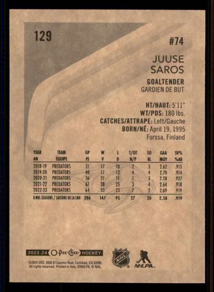 2023-24 O-Pee-Chee Retro #129 Juuse Saros - Image 2 of 2