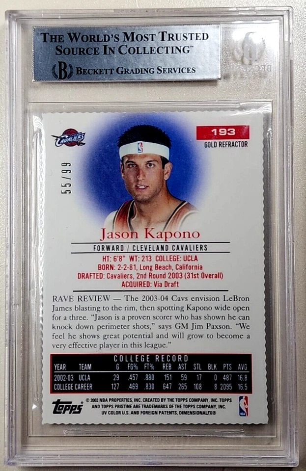 2003 Topps Pristine Gold Refractor Autograph Jason Kapono /99 RC Auto Rookie BGS - Image 2 of 3