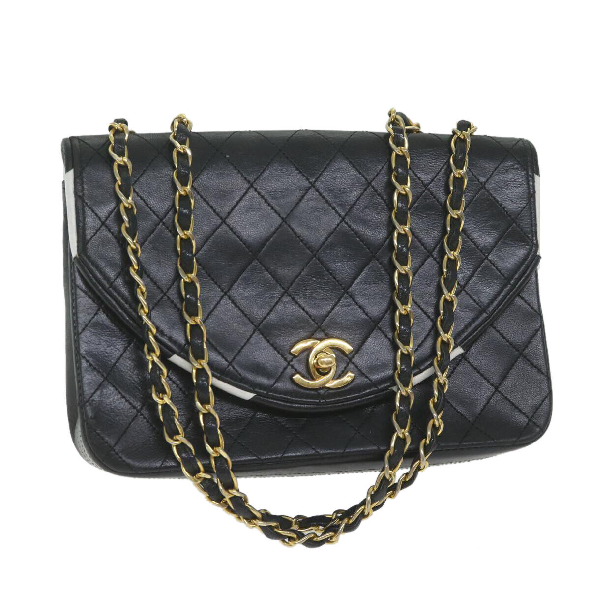 CHANEL Matelasse Chain Shoulder Bag Lamb Skin Black White CC CHANEL Matelasse Chain Shoulder Bag Lamb Skin Black White CC