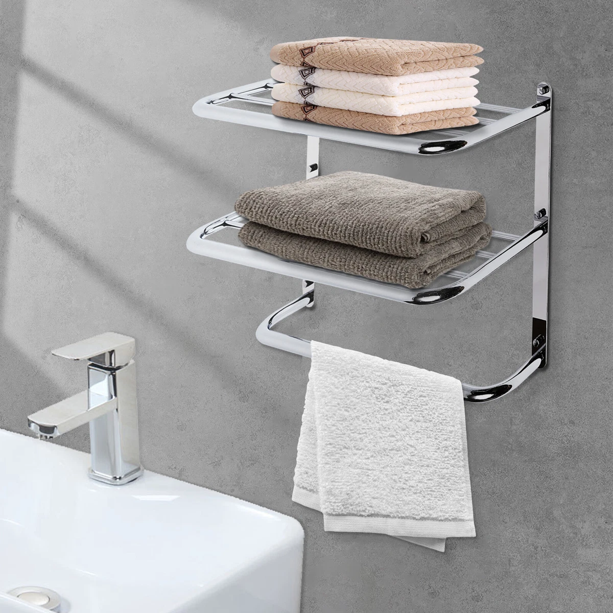 2 Tier Wall Mounted Towel Rack Bathroom Hotel Rail Holder Storage Shelf Chrome