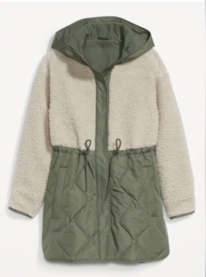 NEW Old Navy Hooded Sherpa Quilted Hybrid Coat Jacket Cream Olive