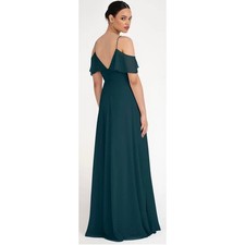 Jenny Yoo Mila V-neck cold shoulder dress lux chiffon, size 6, Caspian Sea