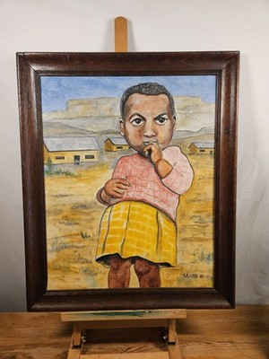 E.S. LEES 1977 DERBY DOUBLE SIDE NAIVE FOLK OUTSIDER ART CHILD PORTRAIT PAINTING