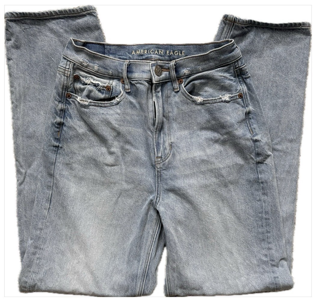 American Eagle Outfitters Women's Jeans Light Blue Denim Distressed Button Zip