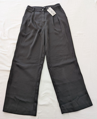 NWT Anthropologie Current Air Womens Medium Black Satin High-Rise Wide Leg Pants